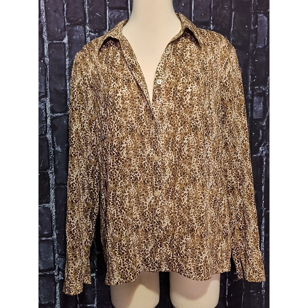 JM Collection Animal Leopard Print Blouse Womens 16 Brown Collared Button-Up Top